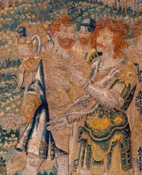 Vlámská tapiserie. Hannibalův bratr Hasdrubal zajatý Římany. Ateliér v Oudenaarde. 347x407 cm. Inv 00005.