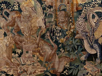 Vlámský gobelín. Krajina s pergolou a velkými šelmami, se 2 sloupy. Ateliér Oudenaarde. Rozměry 319 x 508 cm. Inv 0023. 17. stol.