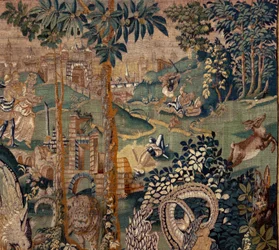 Vlámský gobelín. Krajina s pergolou a velkými šelmami, se 2 sloupy. Ateliér Oudenaarde. Rozměry 319 x 508 cm. Inv 0023. 17. stol.
