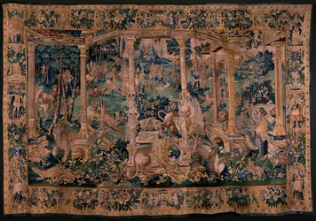 Vlámský gobelín. Krajina s pergolou a velkými zvířaty. Verze s rozsáhlou pergolou. Ateliér Oudenaarde. Rozměr 340 x 498 cm. Inv 00023. 17. stol.