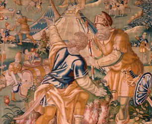 Vlámský gobelín. Vojenský tábor poblíž řeky Granikos. Ateliér Oudenaarde. Rozměry 377 x 393 cm. Inv 83104-9 /00011. 17. století.