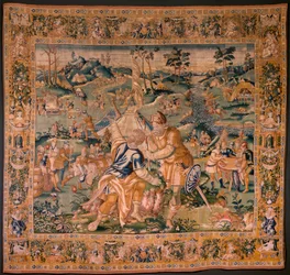 Vlámský gobelín. Vojenský tábor poblíž řeky Granikos. Ateliér Oudenaarde. Rozměry 377 x 393 cm. Inv 83104-9 /00011. 17. století.