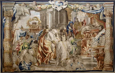 Vlámský gobelín. Řada Apoteóza eucharistie. Oběť mojžíšského zákona (Sacrificio de la Ley Mosaica). Model Cartoon zkopírovaný z originálu od Rubense. bruselská výroba. Výrobce Frans van den Hecke. Polovina 17. století. Tkanina Hedvábí a vlna,