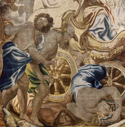 Vlámský gobelín. Řada Apoteóza eucharistie. Triumf církve (Triunfo de la Iglesia). Model Cartoon zkopírovaný z originálu od Rubense. bruselská výroba. Výrobce Frans van den Hecke. Polovina 17. století. Tkanina Hedvábí a vlna, 7/8 osnova