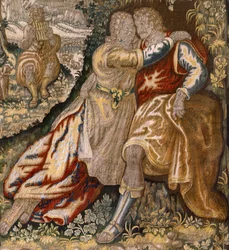 Vlámský gobelín. Řada Galantry (Galante). Pár s hudebníkem (Pareja con músico). Manufacture Brussels, počátek 17. století. Tkanina Hedvábí a vlna, 5/6 osnovy na cm. Rozměr 348 x 263 cm. Umístění Kostel San Millán de la Cogolla, Oncala (Soria). Původ