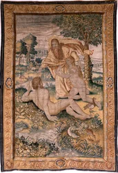 Vlámský gobelín. Seriál Genesis aneb The Creation Man. Bůh vytváří ženu a představuje ji Adamovi (Dios crea a la mujer y la presenta a Adán). Model založený na Michiel Coxcie. Výroba Jan Aerst v Bruselu. Cca 1630. Látka Hedvábí a vlna.