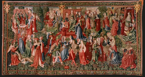 Vlámský gobelín. Seriál Lidské vykoupení aneb Neřesti a ctnosti. Neřesti vedou člověka k hříchu (Los Vicios conducen al Hombre al pecado). Druhá tapisérie v sérii (první z těch uložených v Palencii. bruselská výroba, dílna. Kol. 1510. Rozměr 425 x 800 cm. 