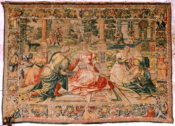 Vlámský gobelín. Seriál Mark Anthony a Kleopatra. Kleopatra a její dvůr (Cleopatra en su corte). Model Cartoon připisovaný Pieteru Coecke van Aelstovi. Výroba Brusel(?). Druhá polovina 16. století. Tkanina Hedvábí a vlna. Rozměr 310 x 435 cm. Původ
