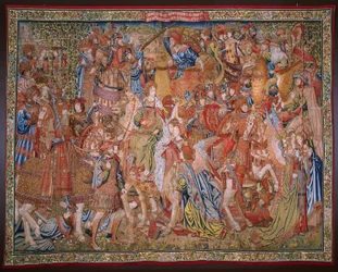 Vlámský gobelín. Série Morality: Ctnost vyznamenání (De deugd van de Honores, Ctnost vyznamenání). Cca 1520.
