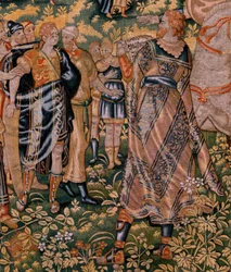 Vlámský gobelín. Seriál Příběh Cyruse. Ne II Astyages uznává Cyrus (Ciro reconocido por Astiages). Anonymní, založené na Michiel Coxcie. Ateliér Antverpy. Hedvábí a vlna. Cca 1590.