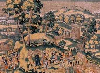 Vlámský gobelín. Seriál Příběh Cyruse. Ne VI Tomyris nařizuje ponořit hlavu Kýra do nádoby s krví (Tomiris manda sumergir la cabeza de Ciro en un recipiente lleno de sangre). Anonymní, založené na Michiel Coxcie. Ateliér Antverpy. Hedvábí a woo