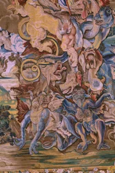 Vlámský gobelín. Seriál Apokalypsa: Svatý Michael porazil draka. Ateliér Willem Dermoyen, Brusel. Přibližně 1553-1555. Detail.