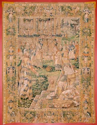 Vlámský gobelín. Série Kniha Judita. Judith ukazuje Holofernovu hlavu (Judith muestra la cabeza de Holofernes). Devátá tapisérie v sérii. Výroba Nizozemsko, Brusel(?). Druhá polovina 16. století. Tkanina Vlna. Umístění Kostel sv