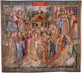 Vlámský gobelín. Seriál Historie Davida a Batšeby. Bathseba ve vaně (Betsabé en el baño sorprendida por David). První panel série. Anonymní model. Neznámá výroba, Brusel