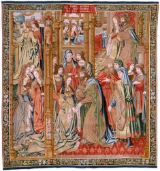 Vlámský gobelín. Seriál Historie Davida a Batšeby. Manželství Davida a Batsheby (Casamiento de David y Betsabé). Druhý panel série. Anonymní model. Neznámá výroba, Brusel. 1505. Látka Zlato, hedvábí a vlna.