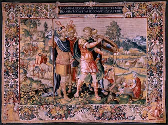 Vlámský gobelín. Seriál Historie Hannibala. Přechod Alp (Paso de los Alpes). Druhá tapisérie z dochovaných. Modelky Anonymní mistr Nizozemska. bruselská výroba, dílna. Cca 1570. Látka Vlna a hedvábí, 6,5/7 osnovy za