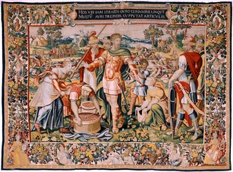 Vlámský gobelín. Seriál Historie Hannibala. Plenění Cannae (El botín de Cannas). Čtvrtá tapisérie z dochovaných. Modelky Anonymní mistr Nizozemska. Výrobní dílny v Bruselu. Cca 1570. Látka Vlna a hedvábí, 6,5/7 osnovy na cm