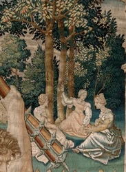 Vlámský gobelín. Seriál The Labors of Hercules. Herkules v zahradě Hesperidek (Hércules en el jardín de las Hespérides). Pátá tapisérie v dochované sérii. Model neznámý. Výroba Willem Dermoyen, Brusel. Ca 1528. Látka Hedvábí a vlna.