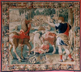Vlámský gobelín. Seriál The Labors of Hercules. Diomedovi koně (Los caballos de Diomedes). Třetí tapisérie v dochované sérii. Model neznámý. Výroba Willem Dermoyen, Brusel. Ca1528. Tkanina Hedvábí a vlna. Rozměr 350 x 400 cm. Místo Royal