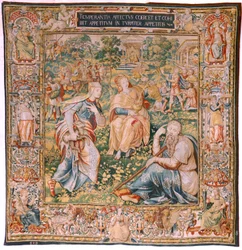 Vlámský gobelín. Seriál Sedm ctností. Střídmost (La Templanza). Model založený na Michiel Coxcie. Výroba Brusel. Výrobce Frans Geubels. Ca1560-1570. Tkanina Hedvábí a vlna. Rozměr 330 x 320 cm. Umístění Katedrála Burgos. Původ Odkaz t. j