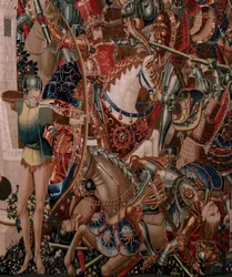 Vlámská tapiserie. Neznámá série. Římské dějiny? Tarquinius Priscus (Tarquino Prisco). Vyrobeno v bruselských dílnách? Cca 1475. Tkanina: vlna a hedvábí, 6 osnovních nití na cm. Původ: Dar hraběte z Alba de Aliste, do katedrály se dostal v roce 1608.
