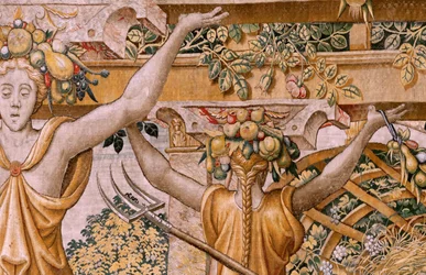 Vlámský gobelín. Série Vertumnus a Pomona. No II Vertumnus přeměněn na farmáře (Vertumno y Pomona II Vertumno transformado en agricultor) no1 levá část. Modelový kruh Pietera Coecke Van Aelsta a Léonarda Thiryho. Ateliér neznámý, Brusel. Zlato,