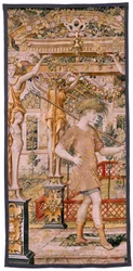 Vlámský gobelín. Série Vertumnus a Pomona. No II Vertumnus přeměněn na farmáře (Vertumno y Pomona II Vertumno transformado en agricultor) no1 levá část. Modelový kruh Pietera Coecke Van Aelsta a Léonarda Thiryho. Ateliér neznámý, Brusel. Zlato,