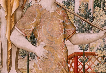 Vlámský gobelín. Série Vertumnus a Pomona. No II Vertumnus přeměněn na farmáře (Vertumno y Pomona II Vertumno transformado en agricultor) no1 levá část. Modelový kruh Pietera Coecke Van Aelsta a Léonarda Thiryho. Ateliér neznámý, Brusel. Zlato,