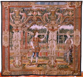 Vlámský gobelín. Série Vertumnus a Pomona. No IV Vertumnus přeměněný na nůžky (Vertumno y Pomona IV (Vertumno transformado en podador). Modely Kruh Pietera Coecke Van Aelsta a Léonarda Thiryho. Ateliér neznámý, Brusel. Zlato, hedvábí a vlna. B
