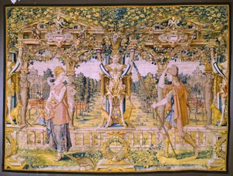 Vlámský gobelín. Série Vertumnus a Pomona: Vertumnus proměněný ve farmáře (Vertumnus jako farmář, Vertumno transformado a zemědělec). Studio Willem de Pannemaker. asi 1545-1550.
