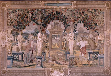 Vlámský gobelín. Série Vertumnus a Pomona. Vertumnus proměněný v kombajn (Vertumno transformado en segador). První tapisérie v sérii. Modelový kruh Pietera Coecka van Aelsta. ; Výroba Wilhelm Pannemaker, Brusel. Přibližně 1545-1550. Tkanina