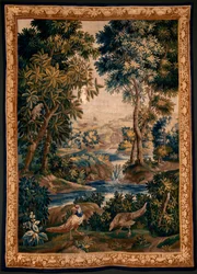 Vlámský gobelín. Tzv. Verdure (Krajina s vodou, stromy a bažanty). Ateliér Oudenaarde. Rozměr 277 x 200 cm. Inv 00012. 17. stol.