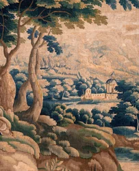 Vlámský gobelín. Tak zvaný Verdure. Ateliér Oudenaarde. Rozměry 332 x 318 cm. Inv 00021. 17. stol.
