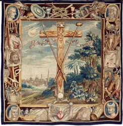 Vlámský gobelín. Oslava svatého kříže. 17. století. Majetek kostela Sint-Walburgakerk Oudenaarde (Dekenij van de Sint-Walburga).