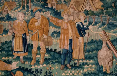 Vlámský gobelín. Hra na husu. Ateliér Oudenaarde. Rozměry 341 x 395 cm. Inv (83058)-7 / 0008. 17. stol.