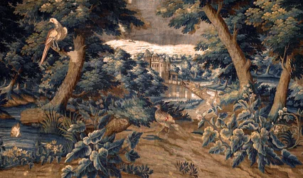 Vlámský gobelín. vydržet. Konec 17.-začátek 18. století. Majetek kostela Sint-Walburgakerk Oudenaarde (Dekenij van de Sint-Walburga). Detail.