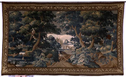 Vlámský gobelín. vydržet. milostná scéna. Oudenaarde. Konec 17.-začátek 18. století. Majetek kostela Sint-Walburgakerk Oudenaarde (Dekenij van de Sint-Walburga). Detail