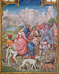 Fol.8v Měsíc srpna: Odjezd na lov, z Breviarium Grimani, kolem roku 1515