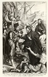 Michael Rogerius (1543-1607) a Matthaeus Riccius (1552-1610) přijíždějící na pobřeží Číny, ilustrace z dějin církve od P. Cornelia Hazarta, vydáno v Antverpách, 1668