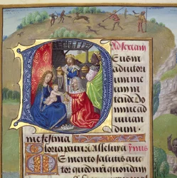 Ms 1058-1975 f.82r Historická iniciála `D zobrazující Klanění králů, z Knihy hodin, pravděpodobně Bruggy, kolem 1500-05