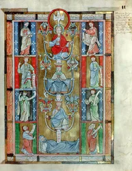 Ms 340 fol.11r Strom Jesse, z De Laudibus Sancte Crucis od Rabanause Mauruse (c.780-856) z opatství Anchin