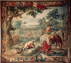 Zámek (Schlossanlage Schleißheim). Vlámský gobelín. Bruselský ateliér Judocus De Vos. Design Lambert De Hondt. Krmení (shánění potravy). Rozměr 400 x 510 cm. Vlna a hedvábí. Asi 1715-1724.