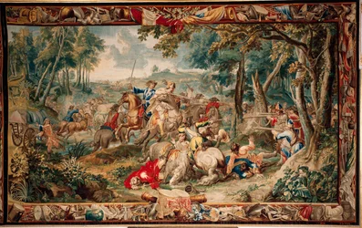 Zámek (Schlossanlage Schleißheim). Vlámský gobelín. Bruselský ateliér Judocus De Vos. Design Lambert De Hondt. Ambush (přepadení). Rozměr 400 x 630 cm. Vlna a hedvábí. Asi 1715-1724.