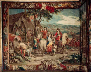 Zámek (Schlossanlage Schleißheim). Vlámský gobelín. Bruselský ateliér Judocus De Vos. Design Lambert De Hondt. Tábor. Vlna a hedvábí. Rozměr 400 x 510 cm. Asi 1715-1724.