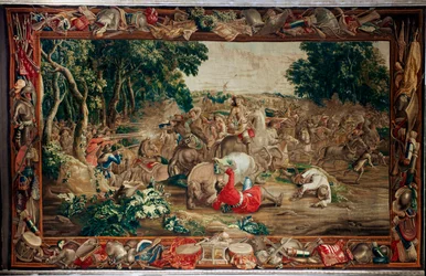 Zámek (Schlossanlage Schleißheim). Vlámský gobelín. Bruselský ateliér Judocus De Vos. Design Lambert De Hondt. Ambush (přepadení). Vlna a hedvábí. Asi 1715-1724.