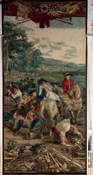 Zámek (Schlossanlage Schleißheim). Vlámský gobelín. Bruselský ateliér Judocus De Vos. Design Lambert De Hondt. (Fachináda). Rozměr 400 x 190 cm. Vlna a hedvábí. Asi 1715-1724.