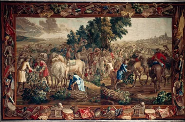 Zámek (Schlossanlage Schleißheim). Vlámský gobelín. Bruselský ateliér Judocus De Vos. Design Lambert De Hondt. Vlna a hedvábí. Asi 1715-1724.