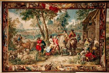 Zámek (Schlossanlage Schleißheim). Vlámský gobelín. Bruselský ateliér Judocus De Vos. Design Lambert De Hondt. Drancování (plundrování). Rozměr 400 x 595 cm. Vlna a hedvábí. Asi 1715-1724.