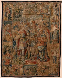 Farní muzeum tapisérií (Museo Parroquial de Tapices de Pastrana). Vlámský gobelín. Mladý Alexander svému otci Filipovi (El joven Alejandro ante su padre Filipo). Brusel. 16. století. Rozměry 328 x 407 cm.