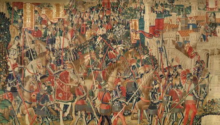 Farní muzeum tapisérií (Parish Museum of Pastrana Tapestries). Vlámský gobelín. Conquest of Tanger (Taking of Tanger, De inname van Tanger). Seriál Dobytí portugalského krále Alfonse I. Tournai. Vlna a hedvábí
